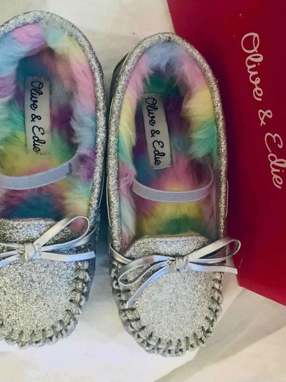 Olive & Edie Silver Glitter Kids Moccasins with Rainbow Faux-Fur Lining
